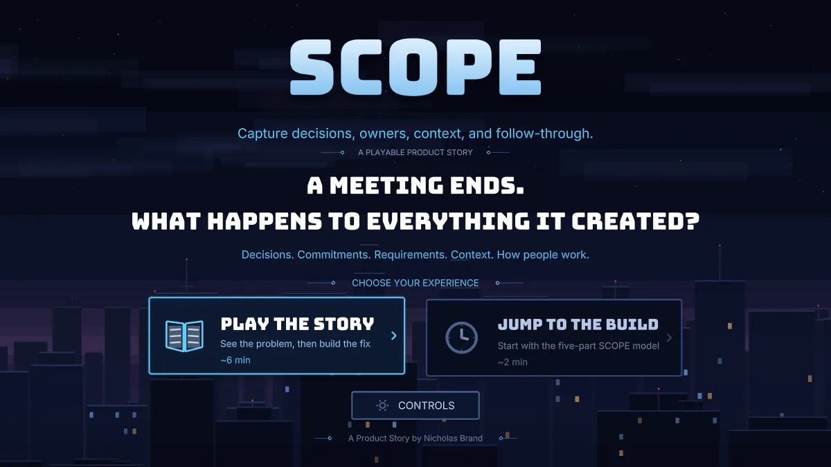 SCOPE playable product story title screen