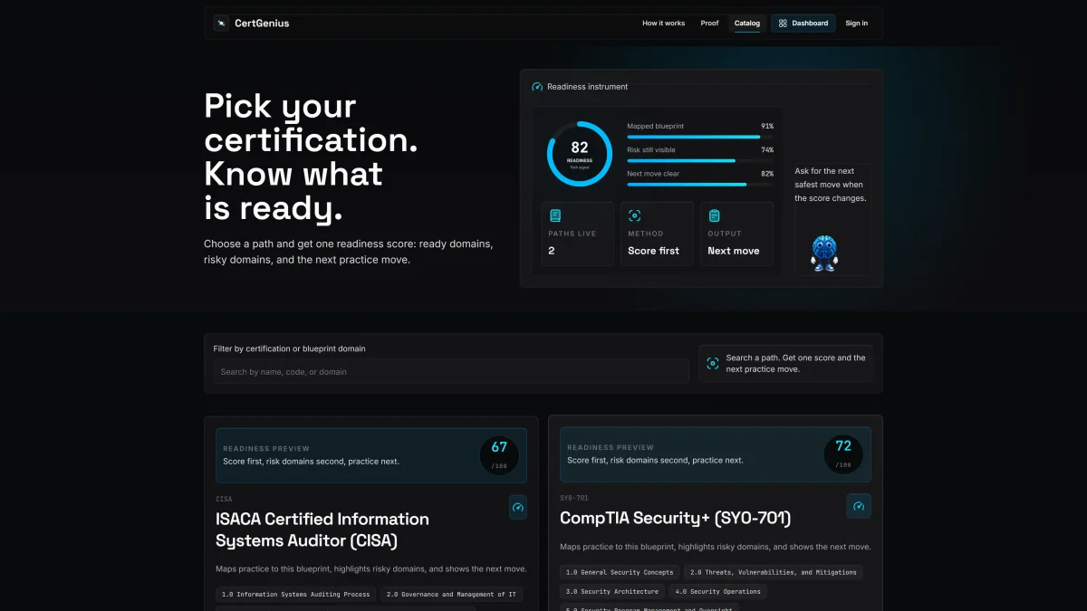 CertGenius catalog with the readiness instrument scoring certification paths