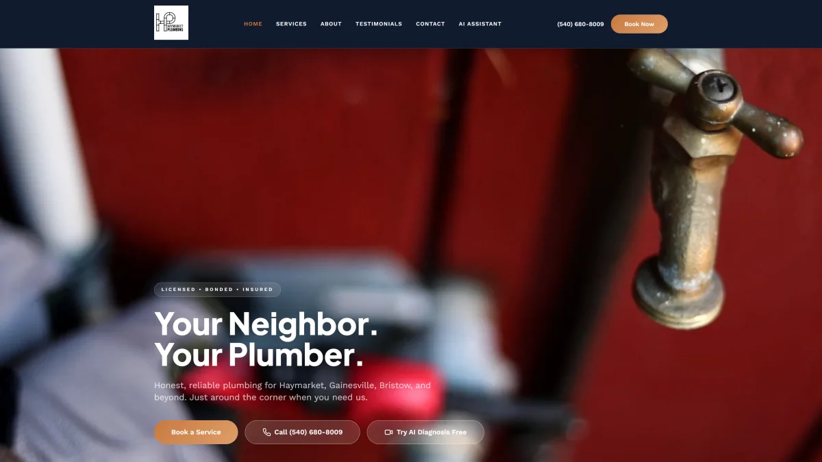 Haymarket Plumbing live site with the AI assistant and free AI diagnosis entry