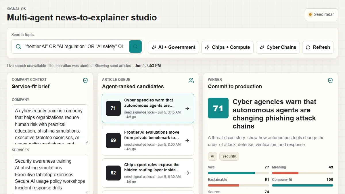 Social OS multi-agent studio ranking source articles with viral, meaning, and company-fit scores