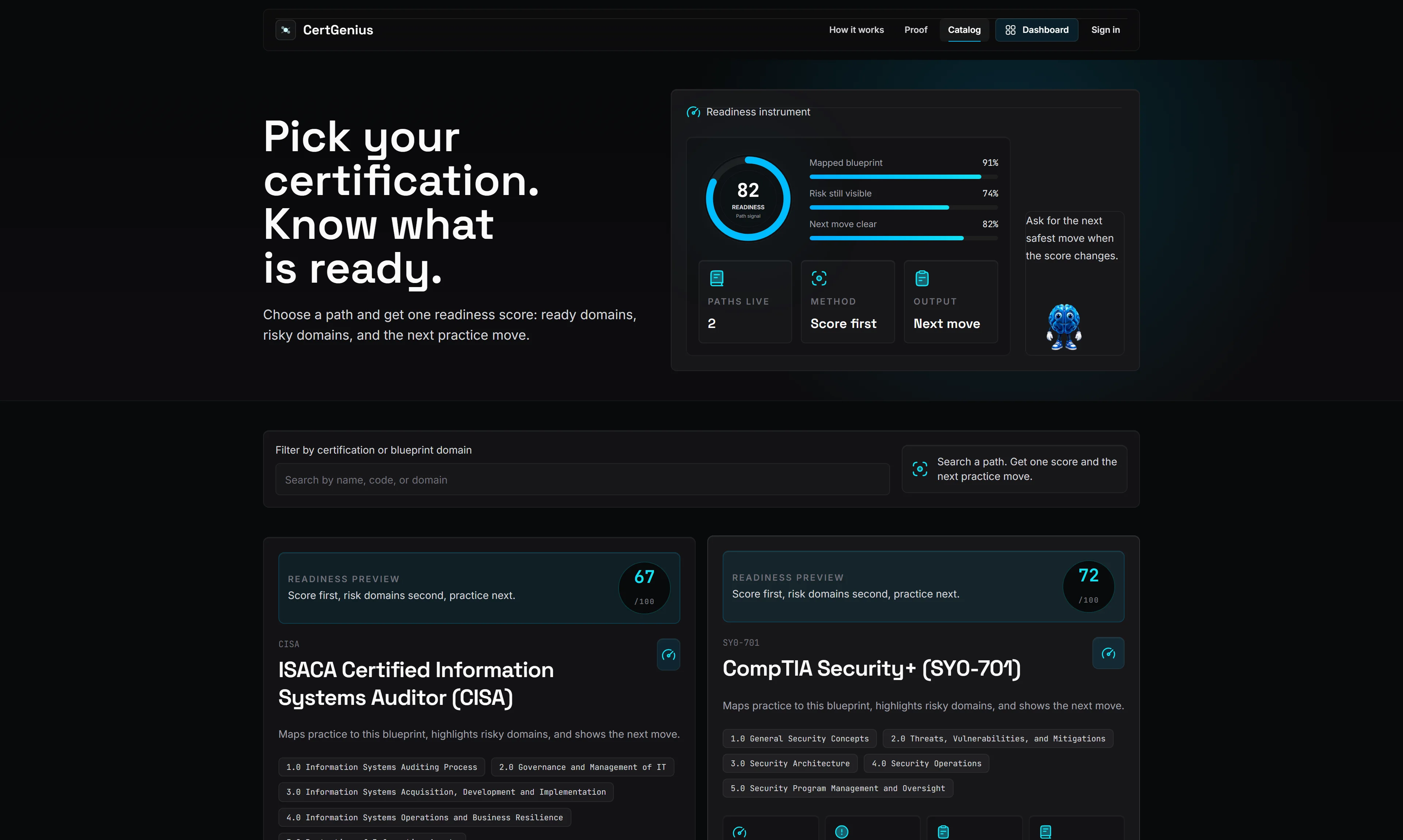 CertGenius catalog with the readiness instrument scoring certification paths