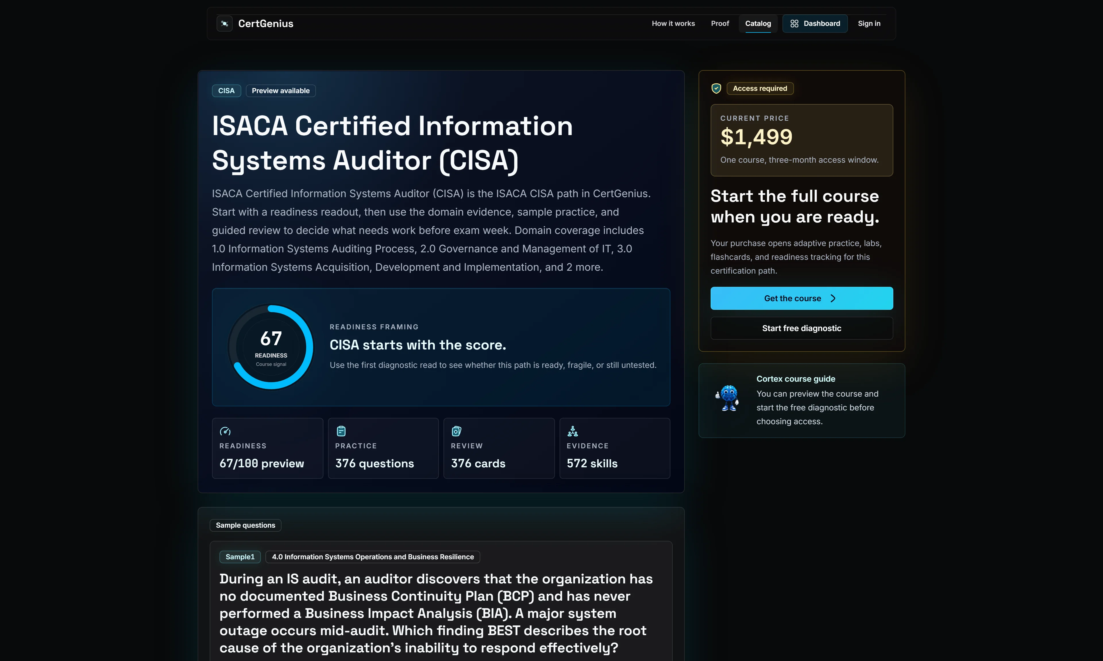 CertGenius course page with readiness readout and guided study plan
