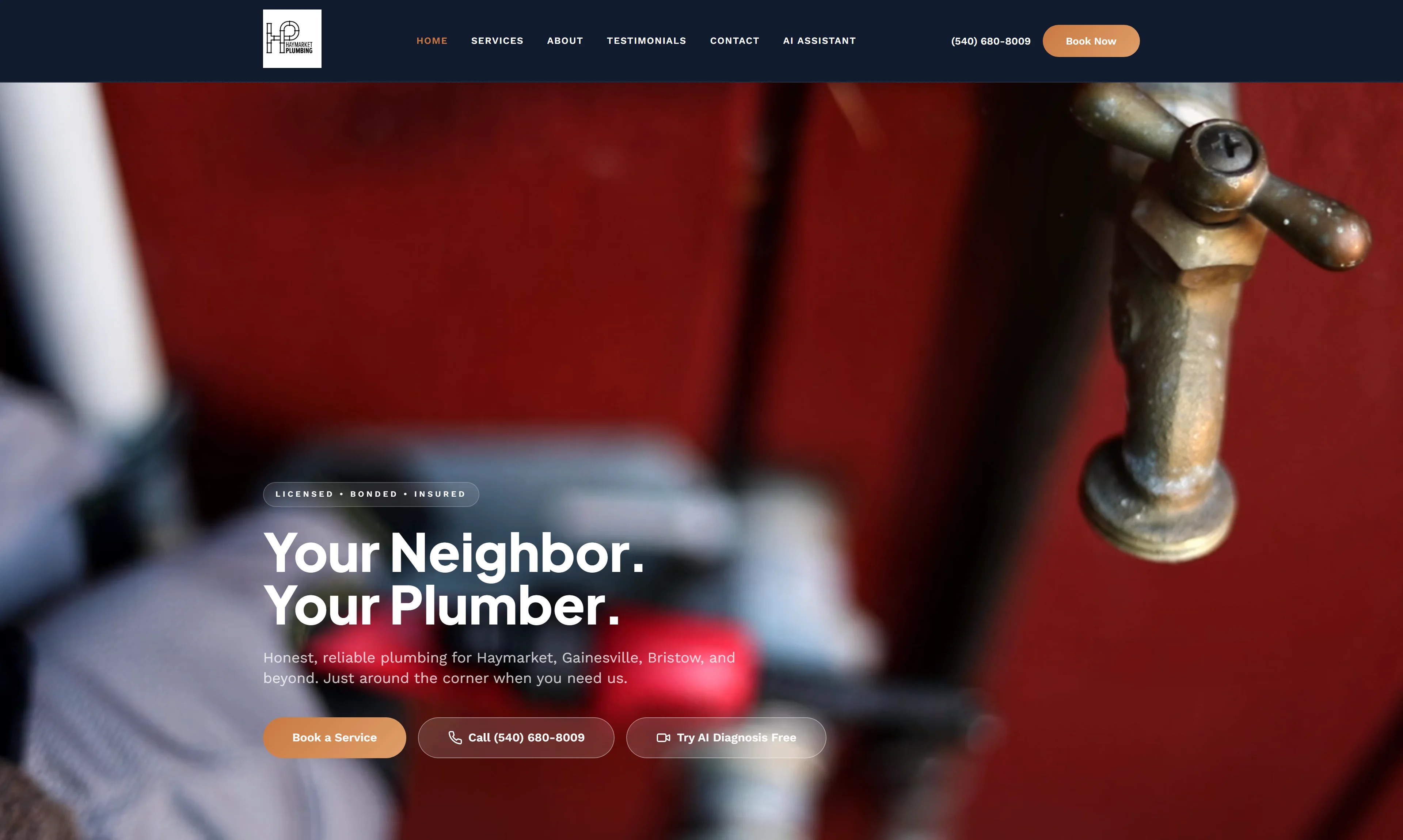 Haymarket Plumbing live site with the AI assistant and free AI diagnosis entry