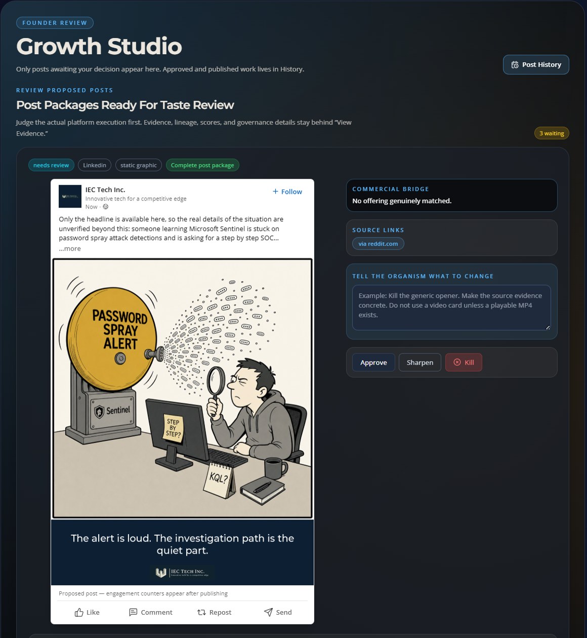 Social OS Growth Studio review queue with a proposed post package and founder approval controls