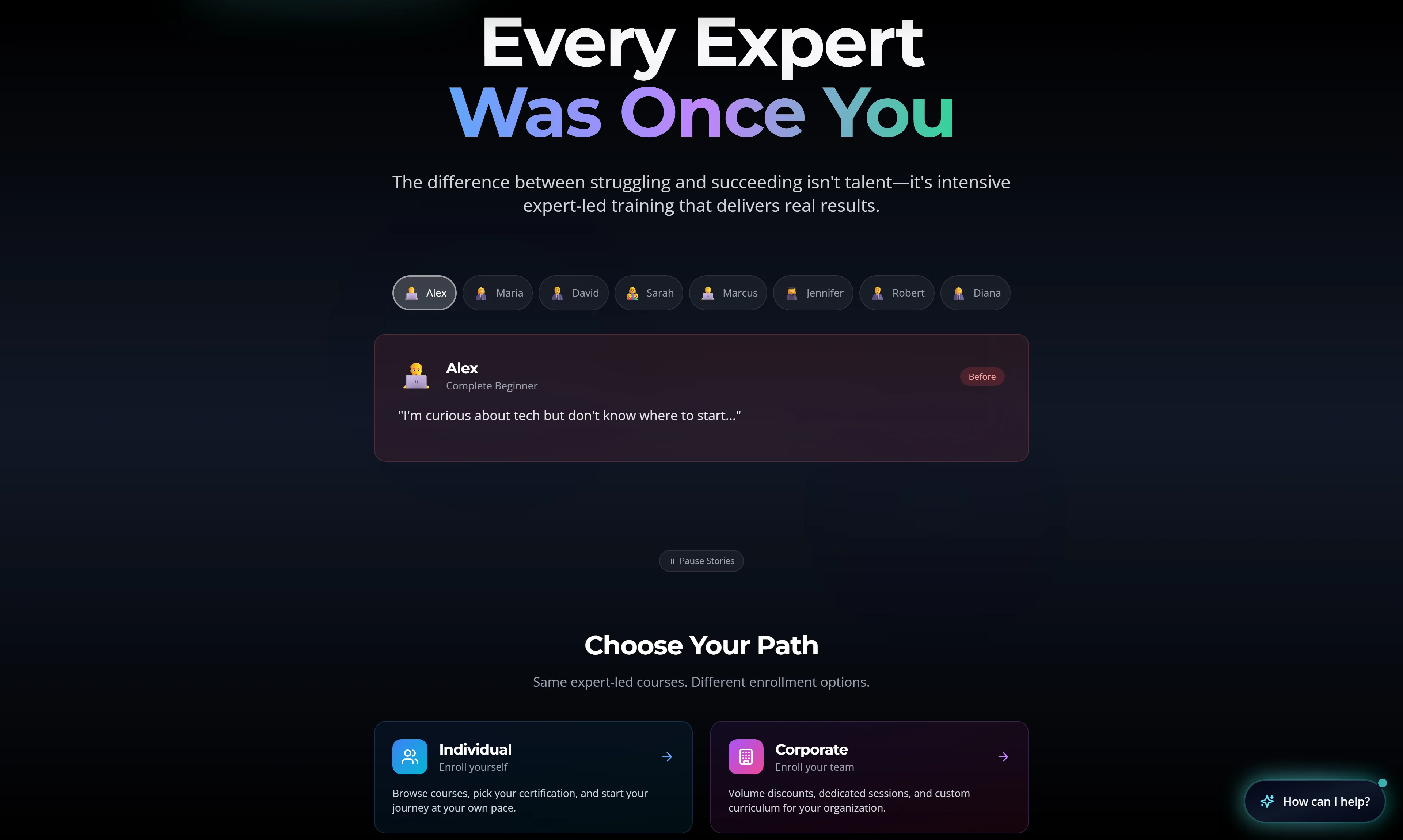 Every Expert Was Once You section with learner stories and individual and corporate enrollment paths
